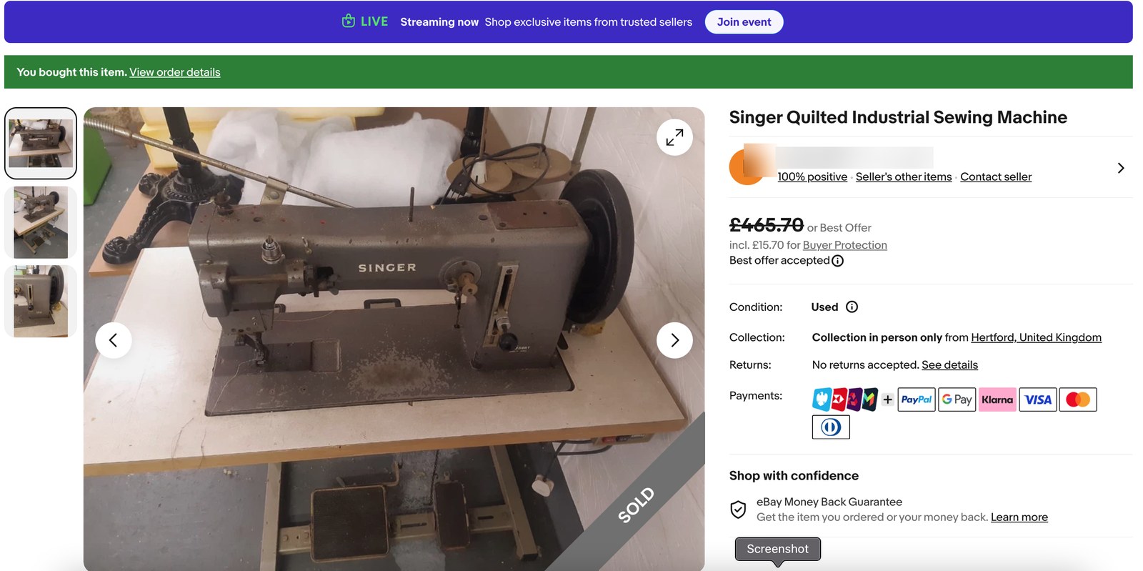 eBay listing for the Singer industrial sewing machine (seller details hidden)