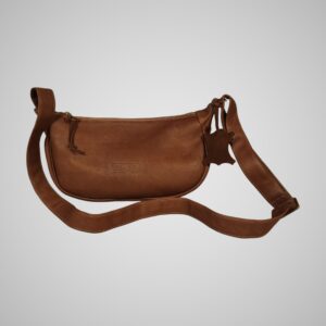 Front view of Lumengin Extra cross-body bag in brown Charles Stead Janus Calf on soft grey