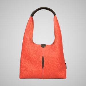 Front view of Lumengin Bubble Orange medium hobo bag in bright orange pebbled leather with dark grey handle and dark grey tab, on soft grey