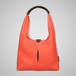 Lumengin Bubble Orange medium hobo bag in bright orange pebbled leather on soft grey background